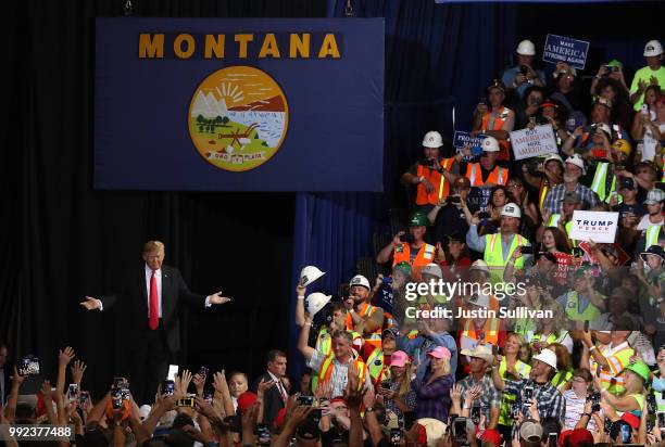 President Donald Trump greets supporters during a campaign rally at Four Seasons Arena on July 5, 2018 in Great Falls, Montana. President Trump held...