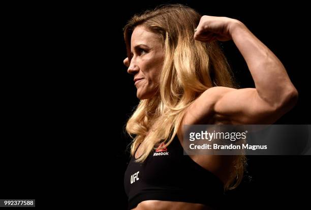 Barb Honchak poses on the scale during The Ultimate Fighter Finale weigh-in inside The Pearl concert theater at Palms Casino Resort on July 5, 2018...