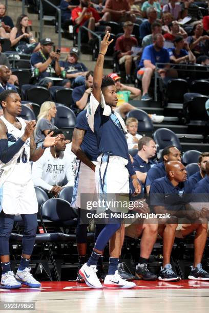 Kobi Simmons of the Memphis Grizzlies reacts to a play during the game against the San Antonio Spurs on July 5, 2018 at Vivint Smart Home Arena in...