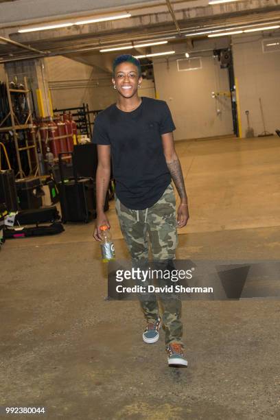 Danielle Robinson of the Minnesota Lynx arrives before the game against the Los Angeles Sparks on July 5, 2018 at Target Center in Minneapolis,...