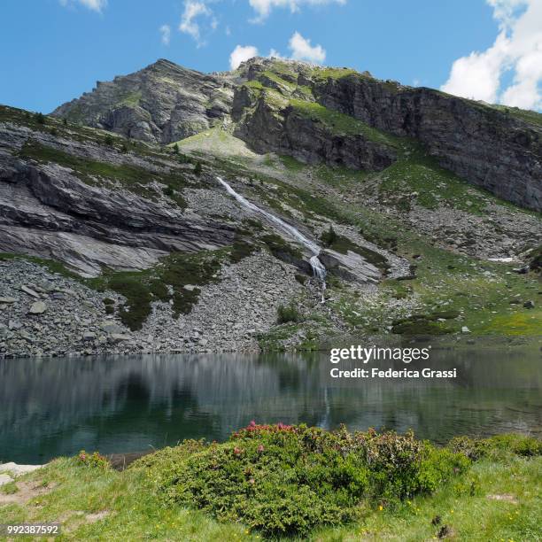 square crop image of lower paione lake (lago del paione inferiore) in bognanco valley - lepontinische alpen stock-fotos und bilder