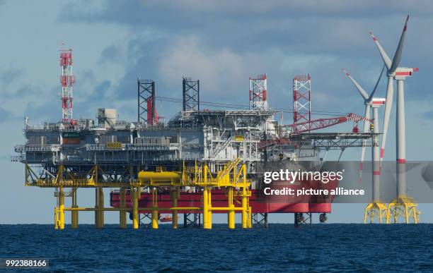 The substation and the offshore wind turbine stand at the Baltic Sea wind farm Iberdrola 'Wikinger' on the Baltic Sea near Sassnitz, Germany, 10...