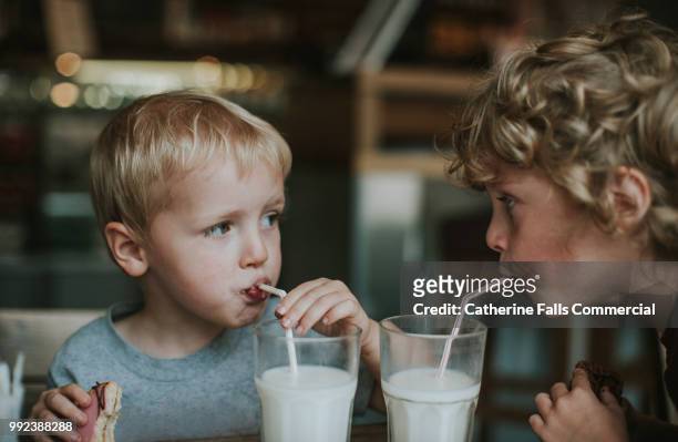 two boys drinking milk - drinking milk foto e immagini stock