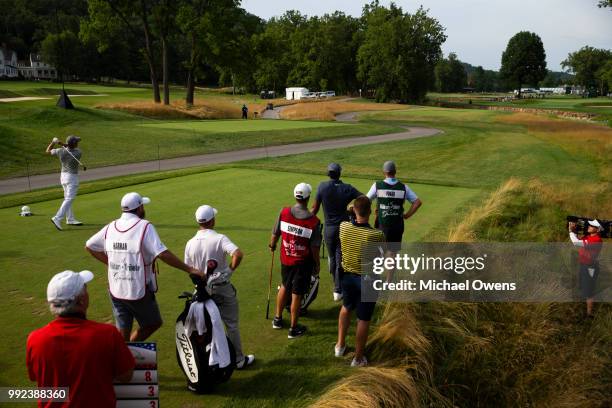 Webb Simpson tees off the 15th hole during round one of A Military Tribute At The Greenbrier held at the Old White TPC course on July 5, 2018 in...