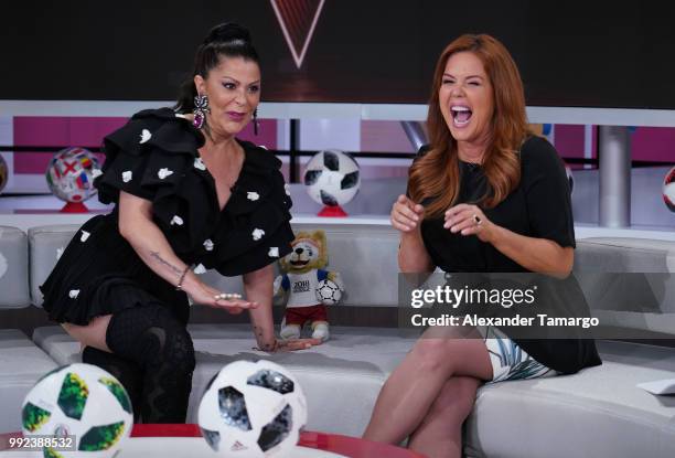 Alejandra Guzman and Maria Celeste Arraras are seen on the set of "Al Rojo Vivo" to promote La Voz at Telemundo Center on July 5, 2018 in Miami,...