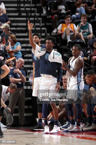 Kobi Simmons of the Memphis Grizzlies reacts to a play during the game against the San Antonio Spurs on July 5, 2018 at Vivint Smart Home Arena in...