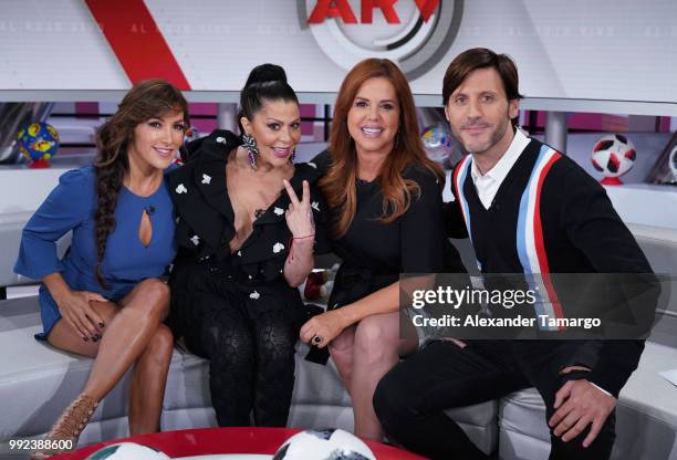 Azucena Cierco, Alejandra Guzman, Maria Celeste Arraras and Quique Usales are seen on the set of "Al Rojo Vivo" to promote La Voz at Telemundo Center...