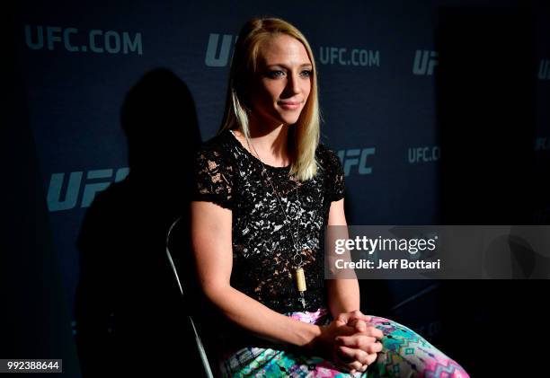 Emily Whitmire interacts with media during the UFC 226 Ultimate Media Day at Palms Casino Resort on July 5, 2018 in Las Vegas, Nevada.