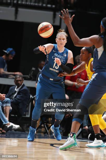 Lindsay Whalen of the Minnesota Lynx passes the ball against the Los Angeles Sparks on July 5, 2018 at Target Center in Minneapolis, Minnesota. NOTE...