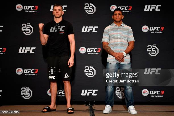 Dan Hooker of New Zealand and Gilbert Burns of Brasil pose for the media during the UFC 226 Ultimate Media Day at Palms Casino Resort on July 5, 2018...