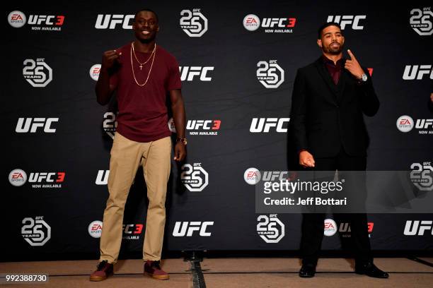 Curtis Millender and Max Griffin pose for the media during the UFC 226 Ultimate Media Day at Palms Casino Resort on July 5, 2018 in Las Vegas, Nevada.