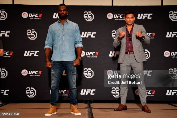 Uriah Hall of Jamaica and Paulo Costa of Brazil pose for the media during the UFC 226 Ultimate Media Day at Palms Casino Resort on July 5, 2018 in...