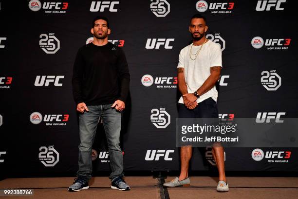 Raphael Assuncao of Brazil and Rob Font pose for the media during the UFC 226 Ultimate Media Day at Palms Casino Resort on July 5, 2018 in Las Vegas,...