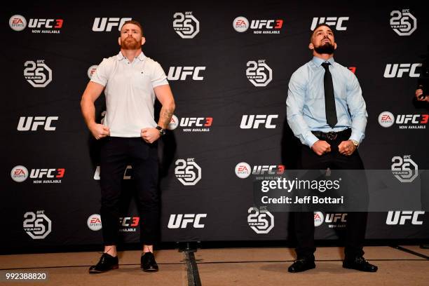 Paul Felder and Mike Perry pose for the media during the UFC 226 Ultimate Media Day at Palms Casino Resort on July 5, 2018 in Las Vegas, Nevada.