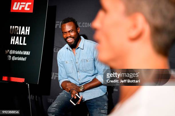 Uriah Hall of Jamaica interacts with media during the UFC 226 Ultimate Media Day at Palms Casino Resort on July 5, 2018 in Las Vegas, Nevada.
