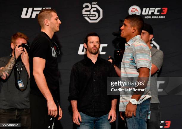 Dan Hooker of New Zealand and Gilbert Burns of Brasil face off for media during the UFC 226 Ultimate Media Day at Palms Casino Resort on July 5, 2018...
