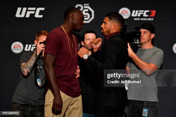 Curtis Millender and Max Griffin face off for media during the UFC 226 Ultimate Media Day at Palms Casino Resort on July 5, 2018 in Las Vegas, Nevada.