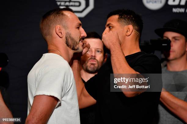 Lando Vannata and Drakkar Klose face off for media during the UFC 226 Ultimate Media Day at Palms Casino Resort on July 5, 2018 in Las Vegas, Nevada.