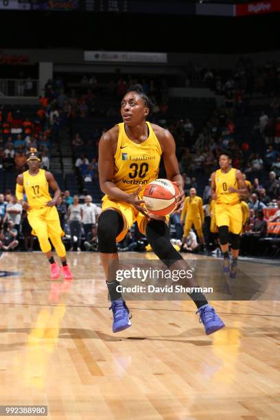 Nneka Ogwumike of the Los Angeles Sparks handles the ball against the Minnesota Lynx on July 5, 2018 at Target Center in Minneapolis, Minnesota. NOTE...