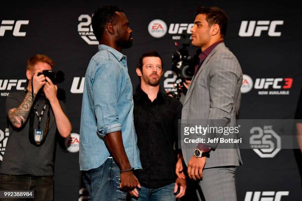 Uriah Hall of Jamaica and Paulo Costa of Brazil face off for media during the UFC 226 Ultimate Media Day at Palms Casino Resort on July 5, 2018 in...