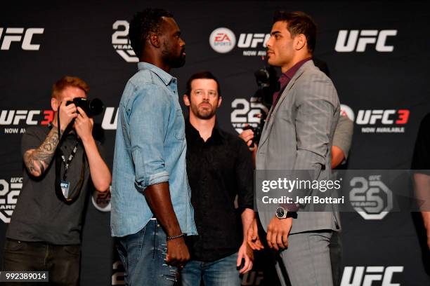 Uriah Hall of Jamaica and Paulo Costa of Brazil face off for media during the UFC 226 Ultimate Media Day at Palms Casino Resort on July 5, 2018 in...