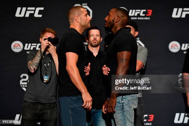 Gokhan Saki and Khalil Rountree Jr. Face off for media during the UFC 226 Ultimate Media Day at Palms Casino Resort on July 5, 2018 in Las Vegas,...