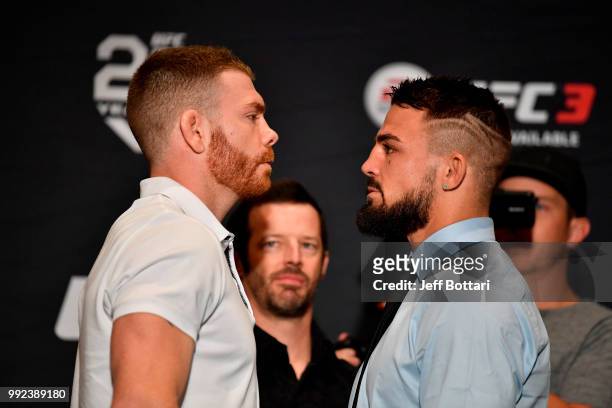 Paul Felder and Mike Perry face off for media during the UFC 226 Ultimate Media Day at Palms Casino Resort on July 5, 2018 in Las Vegas, Nevada.