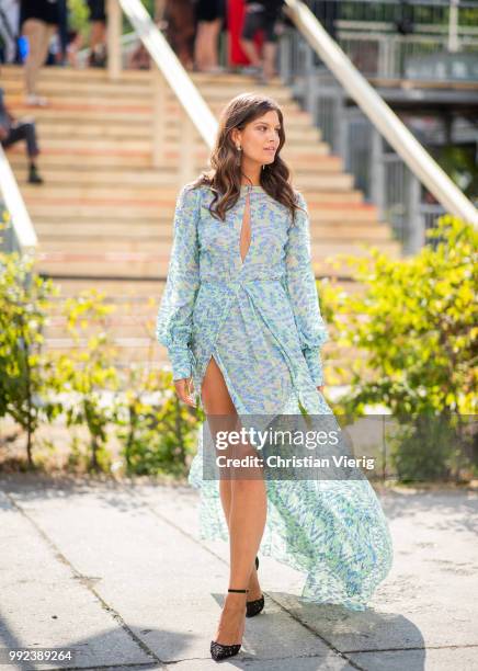 Model Vanessa Fuchs wearing sheer dress Lana Mueller seen outside Lana Mueller during the Berlin Fashion Week July 2018 on July 5, 2018 in Berlin,...