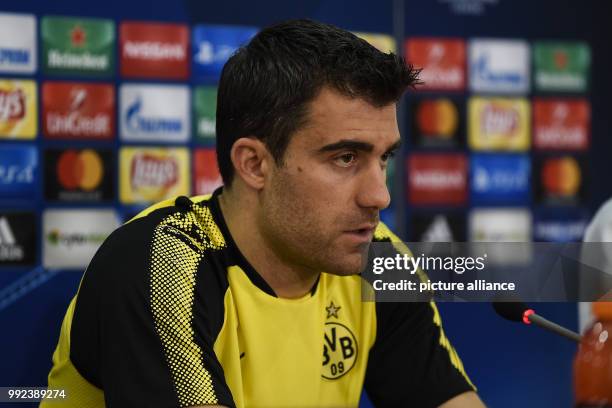 Borussia Dortmund's Sokratis Papastathopouilos speaks a press conference ahead of their UEFA Champions League Group H match against APOEL Nikosia at...