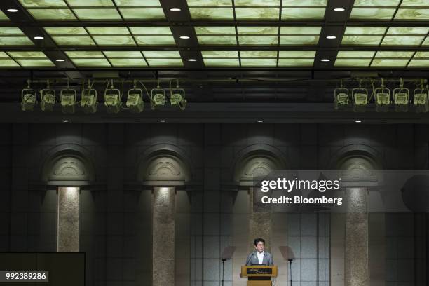 Shinzo Abe, Japan's prime minister, speaks at The Shared Values and Democracy in Asia symposium in Tokyo, Japan, on Thursday, July 5, 2018. If Abe...