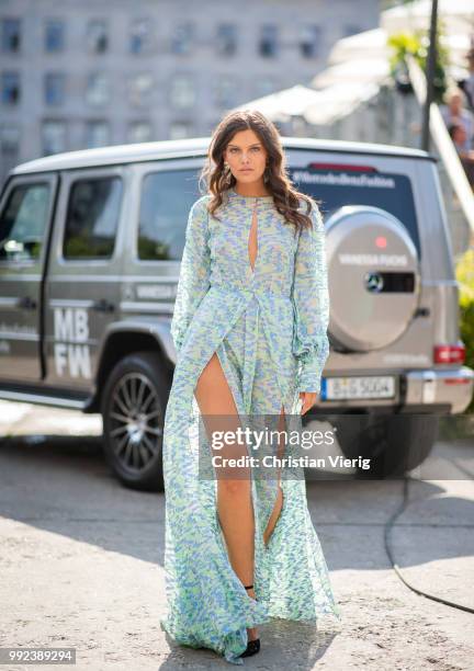 Model Vanessa Fuchs wearing sheer dress Lana Mueller seen outside Lana Mueller during the Berlin Fashion Week July 2018 on July 5, 2018 in Berlin,...