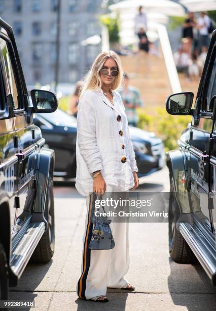 Nina Suess wearing linen button shirt is seen outside Lana Mueller during the Berlin Fashion Week July 2018 on July 5, 2018 in Berlin, Germany.