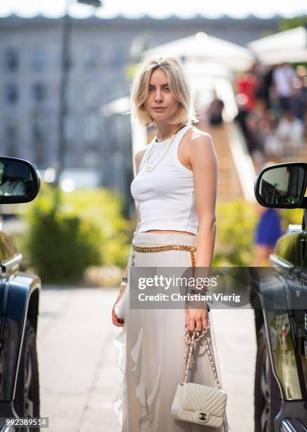 Lisa Hahnbueck wearing ruffled maxi skirt, white top, white Chanel bag seen outside Lana Mueller during the Berlin Fashion Week July 2018 on July 5,...