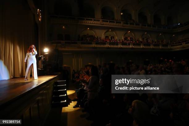 Singer Andrea Berg performs on stage during her first concert of her 'Hautnah' tour in the Laeiszhalle in Hamburg, Germany, 16 October 2017. With her...