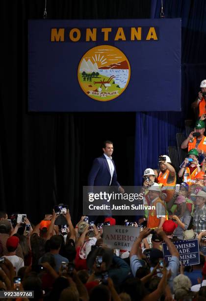 Donald Trump Jr. Greets supporters during a campaign rally at Four Seasons Arena on July 5, 2018 in Great Falls, Montana. President Trump held a...
