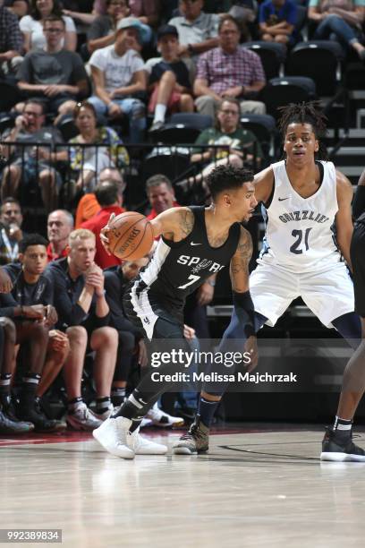 Olivier Hanlan of the San Antonio Spurs handles the ball against the Memphis Grizzlies on July 5, 2018 at Vivint Smart Home Arena in Salt Lake City,...