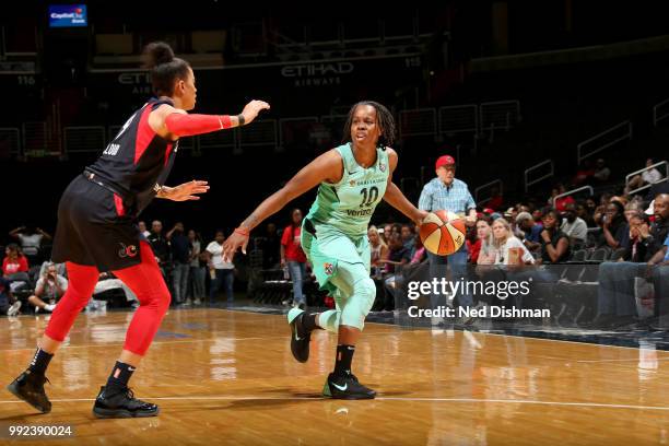 Epiphanny Prince of the New York Liberty handles the ball against the Washington Mystics on July 5, 2018 at the Verizon Center in Washington, DC....