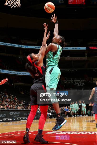 Tina Charles of the New York Liberty goes to the basket against the Washington Mystics on July 5, 2018 at the Verizon Center in Washington, DC. NOTE...