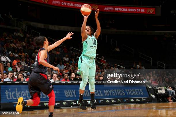 Epiphanny Prince of the New York Liberty shoots the ball against the Washington Mystics on July 5, 2018 at the Verizon Center in Washington, DC. NOTE...