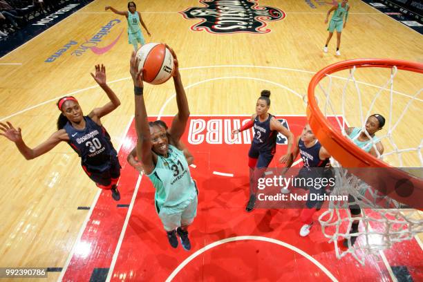 Tina Charles of the New York Liberty goes to the basket against the Washington Mystics on July 5, 2018 at the Verizon Center in Washington, DC. NOTE...