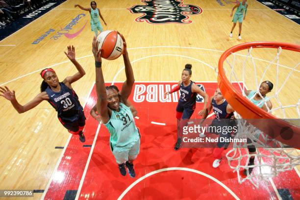 Tina Charles of the New York Liberty goes to the basket against the Washington Mystics on July 5, 2018 at the Verizon Center in Washington, DC. NOTE...