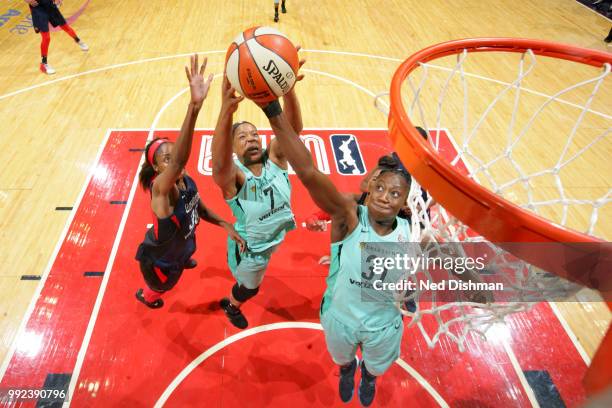 Tina Charles of the New York Liberty goes up for a rebound against the Washington Mystics on July 5, 2018 at the Verizon Center in Washington, DC....