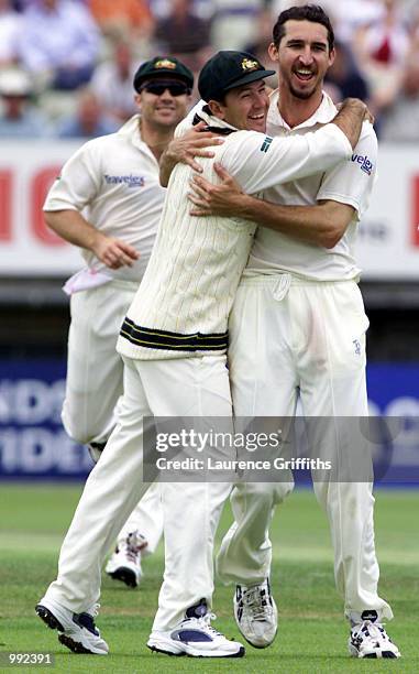 Jason Gillespie of Australia celebrates the wicket of Alec Stewart of England during the 4th day of the npower Ashes first test match between England...