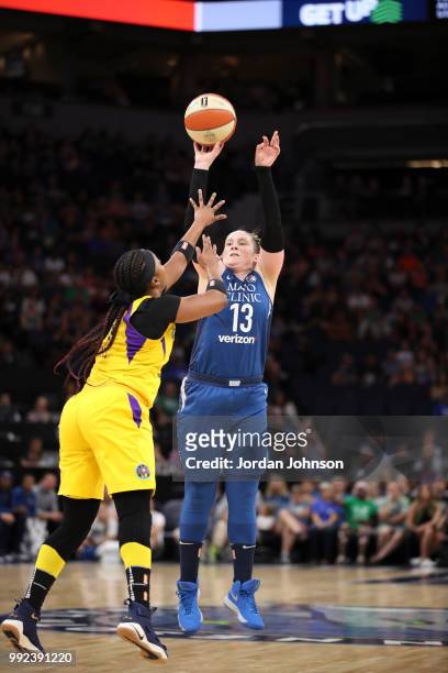 Lindsay Whalen of the Minnesota Lynx shoots the ball against the Los Angeles Sparks on July 5, 2018 at Target Center in Minneapolis, Minnesota. NOTE...