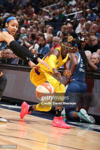 Essence Carson of the Los Angeles Sparks passes the ball against the Minnesota Lynx on July 5, 2018 at Target Center in Minneapolis, Minnesota. NOTE...