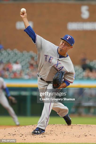 Yovani Gallardo of the Texas Rangers throws a first inning pitch while playing the Detroit Tigers at Comerica Park on July 5, 2018 in Detroit,...