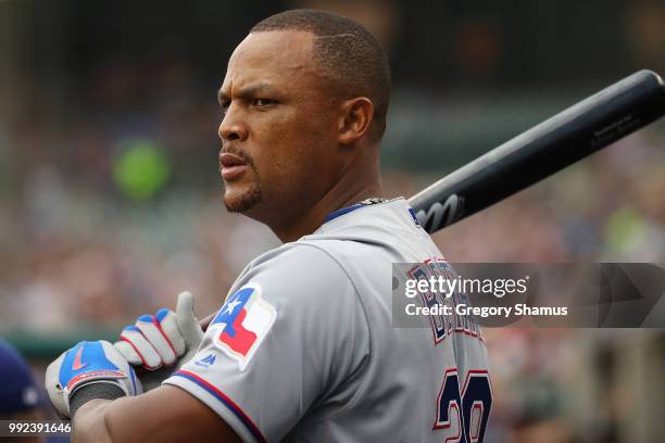 Adrian Beltre of the Texas Rangers looks on from the dugout in the first inning while playing the Detroit Tigers at Comerica Park on July 5, 2018 in...