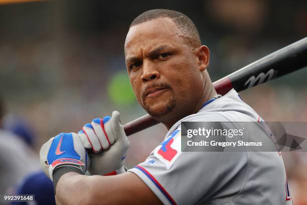 Adrian Beltre of the Texas Rangers looks on from the dugout in the first inning while playing the Detroit Tigers at Comerica Park on July 5, 2018 in...