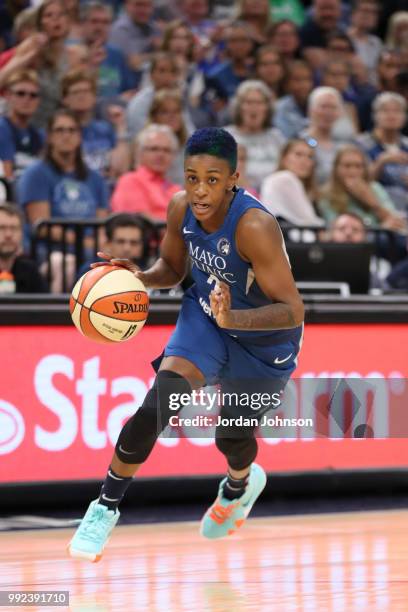 Danielle Robinson of the Minnesota Lynx handles the ball against the Los Angeles Sparks on July 5, 2018 at Target Center in Minneapolis, Minnesota....