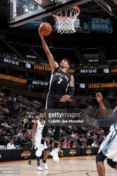 Olivier Hanlan of the San Antonio Spurs goes to the basket against the Memphis Grizzlies on July 5, 2018 at Vivint Smart Home Arena in Salt Lake...